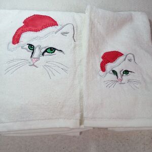 Vintage R.A. Briggs “Cat in Santa Hat” Bath & Hand Towel Set – Christmas Decor